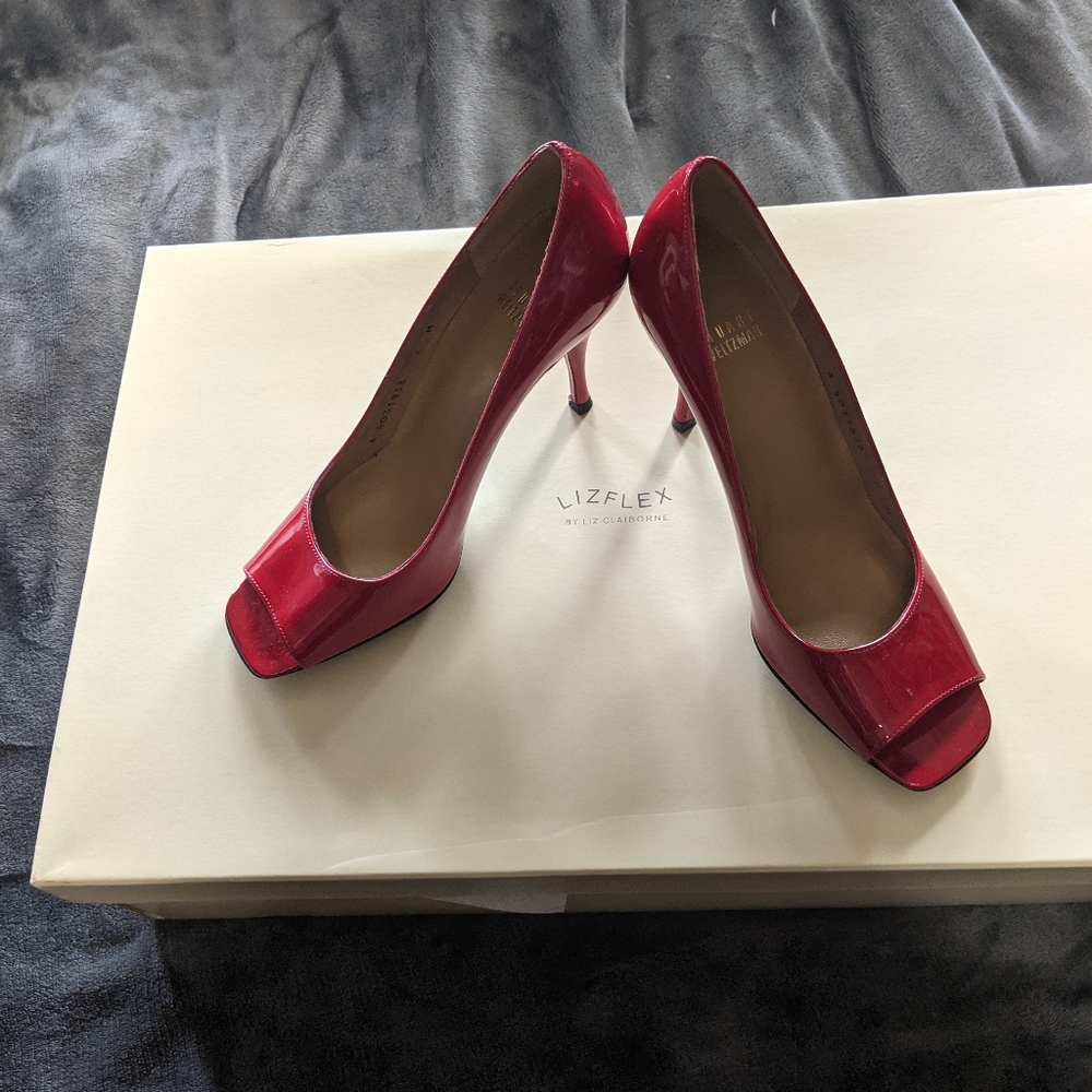 Stuart Weitzman peep toe red patent heels 7